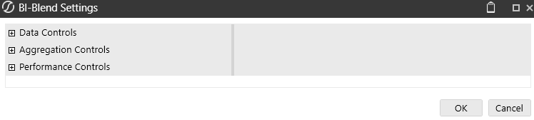 The BI Blend Settings sections are collapsed to show Data Controls, Aggregation Controls, and Performance Controls